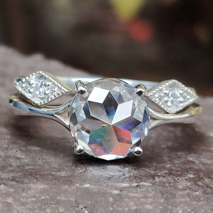 CT Round Rose Cut with Open Gap Wedding Band Classic Split Shank Bridal Set