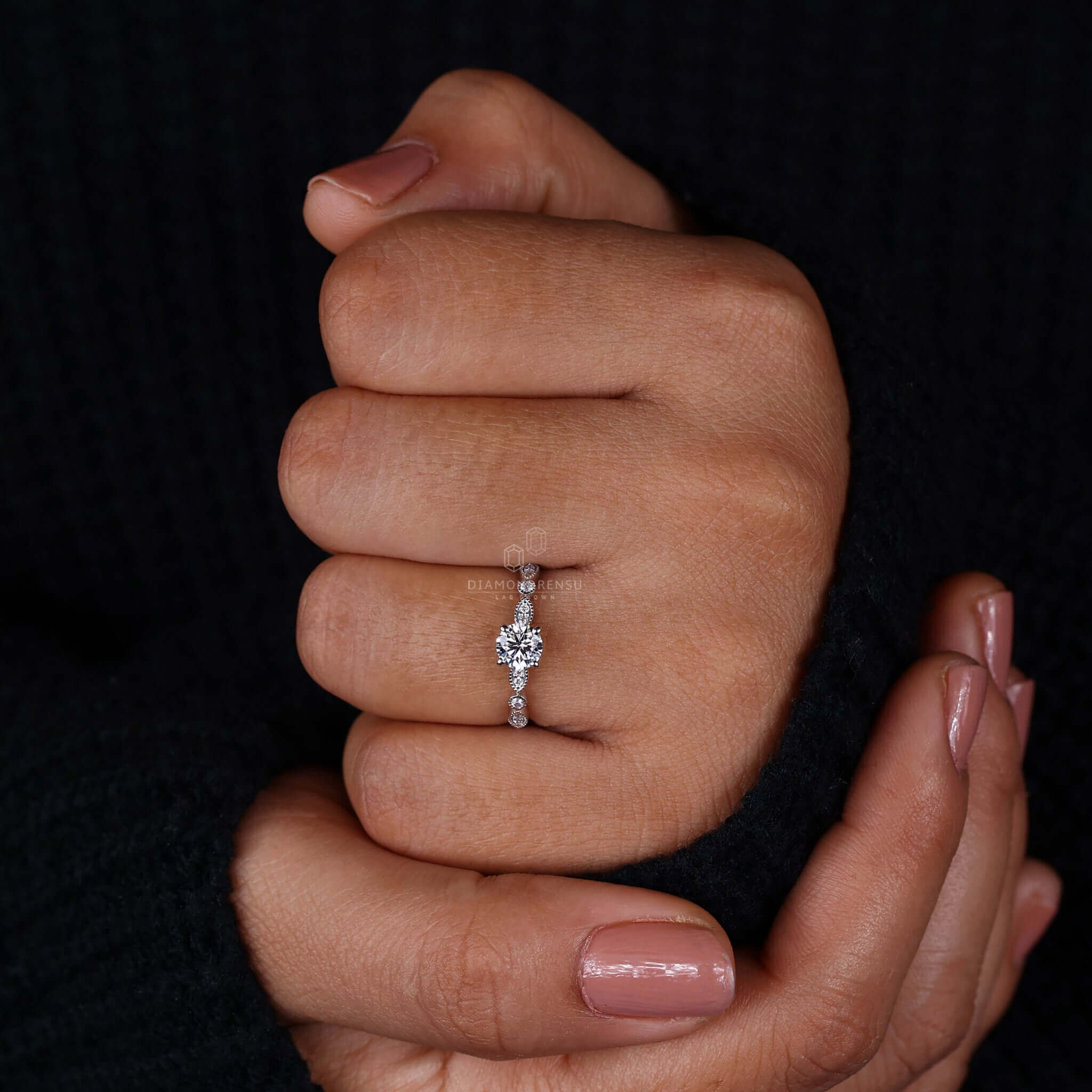 Vintage Style Round Lab Created Diamond Pave Engagement Ring