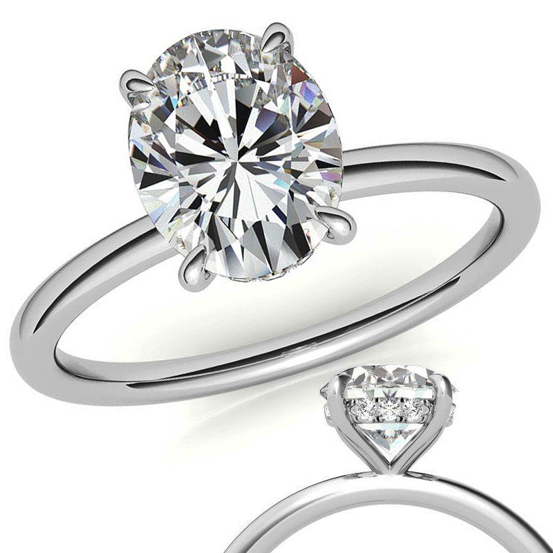 Oval Moissanite Solitaire Ring with Hidden Halo and Plain Band