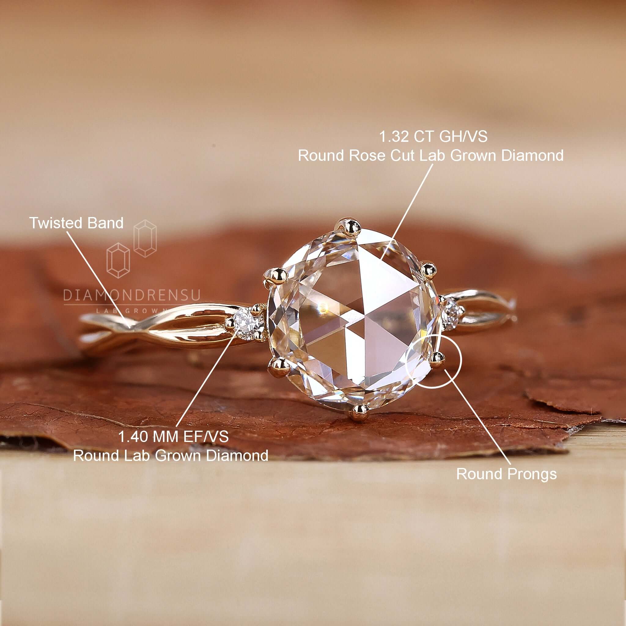 Round Rose Cut Twisted Shank Lab Created Diamond Wedding Ring
