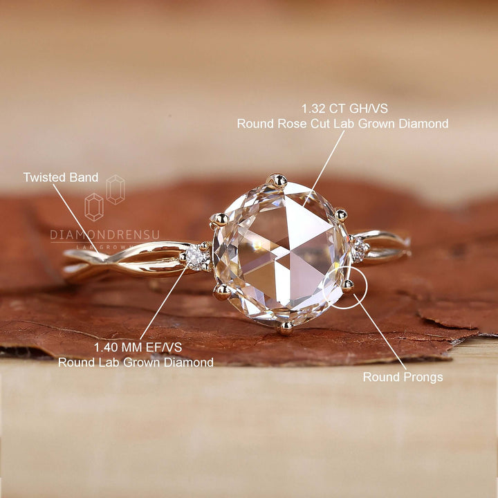 Round Rose Cut Twisted Shank Lab Created Diamond Wedding Ring