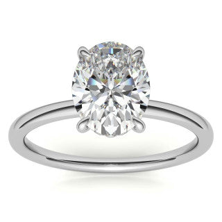Oval Moissanite Solitaire Ring with Hidden Halo and Plain Band