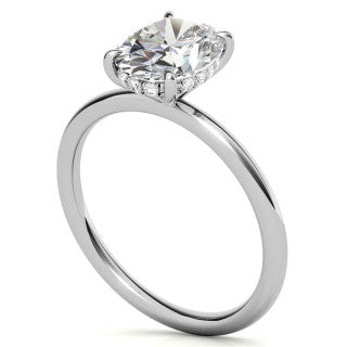Oval Moissanite Solitaire Ring with Hidden Halo and Plain Band