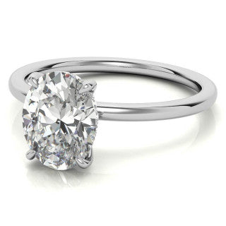 Oval Moissanite Solitaire Ring with Hidden Halo and Plain Band