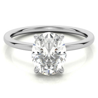 Oval Moissanite Solitaire Ring with Hidden Halo and Plain Band